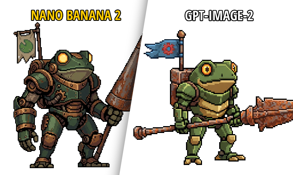 Frog knight pixel art, Nano Banana 2 on the left, GPT-Image-2 on the right
