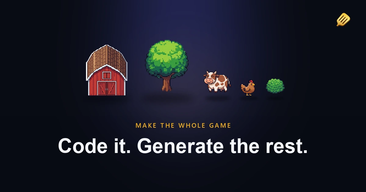 A pixel art farm scene with a barn, tree, cow and chicken made with SpriteCook, on a guide about making a game when you can't draw