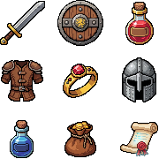 3x3 grid of pixel art inventory icons generated with Nano Banana 2 Lite