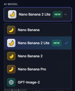 SpriteCook AI model picker with Nano Banana 2 Lite selected