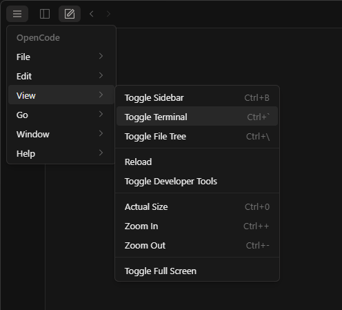 Toggling the terminal on in OpenCode