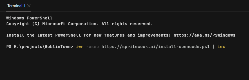 Pasting the SpriteCook install command into the OpenCode terminal