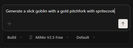 Asking the OpenCode agent to generate a slick goblin with a gold pitchfork