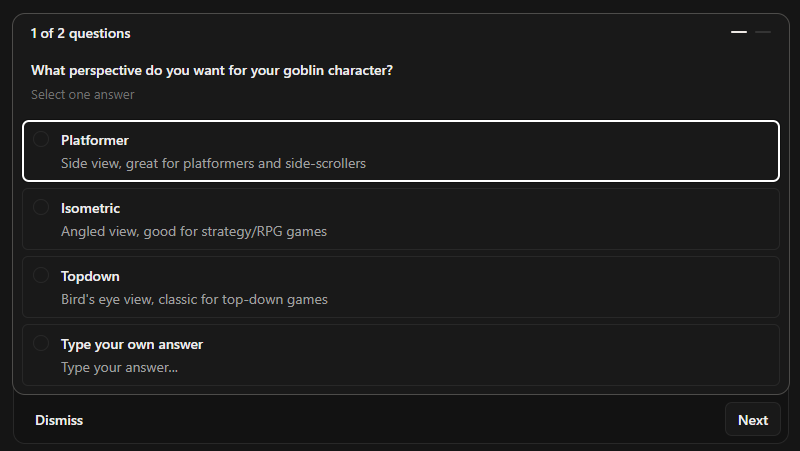 OpenCode asking which perspective to use for the goblin character