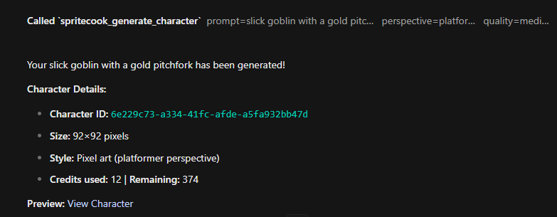 OpenCode confirming the generated goblin sprite with its character details
