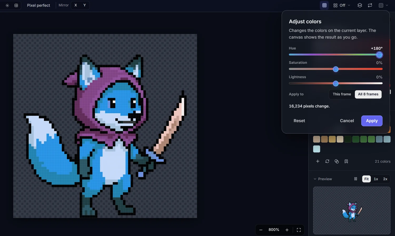 Adjust colors turning the orange fox blue with a purple hood, previewed live on the canvas