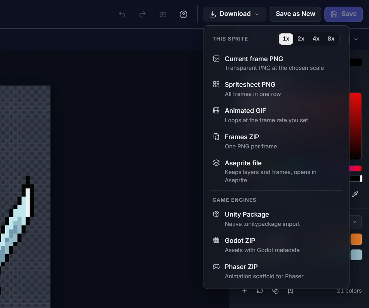 The Download menu with PNG, spritesheet, animated GIF, frames ZIP and Aseprite file, and game engine exports below
