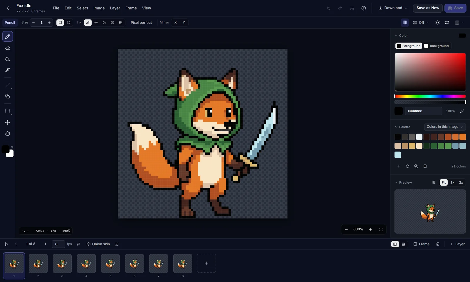 The SpriteCook Pixel Editor with an eight frame fox animation open
