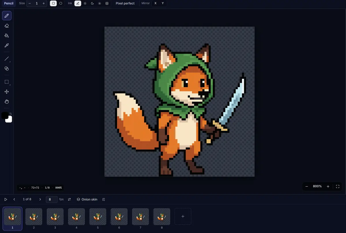 The fox idle animation playing frame by frame in the Pixel Editor