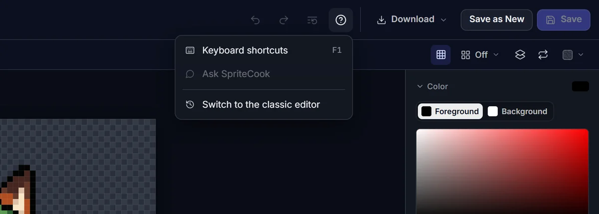 The Help menu with Keyboard shortcuts and Switch to the classic editor