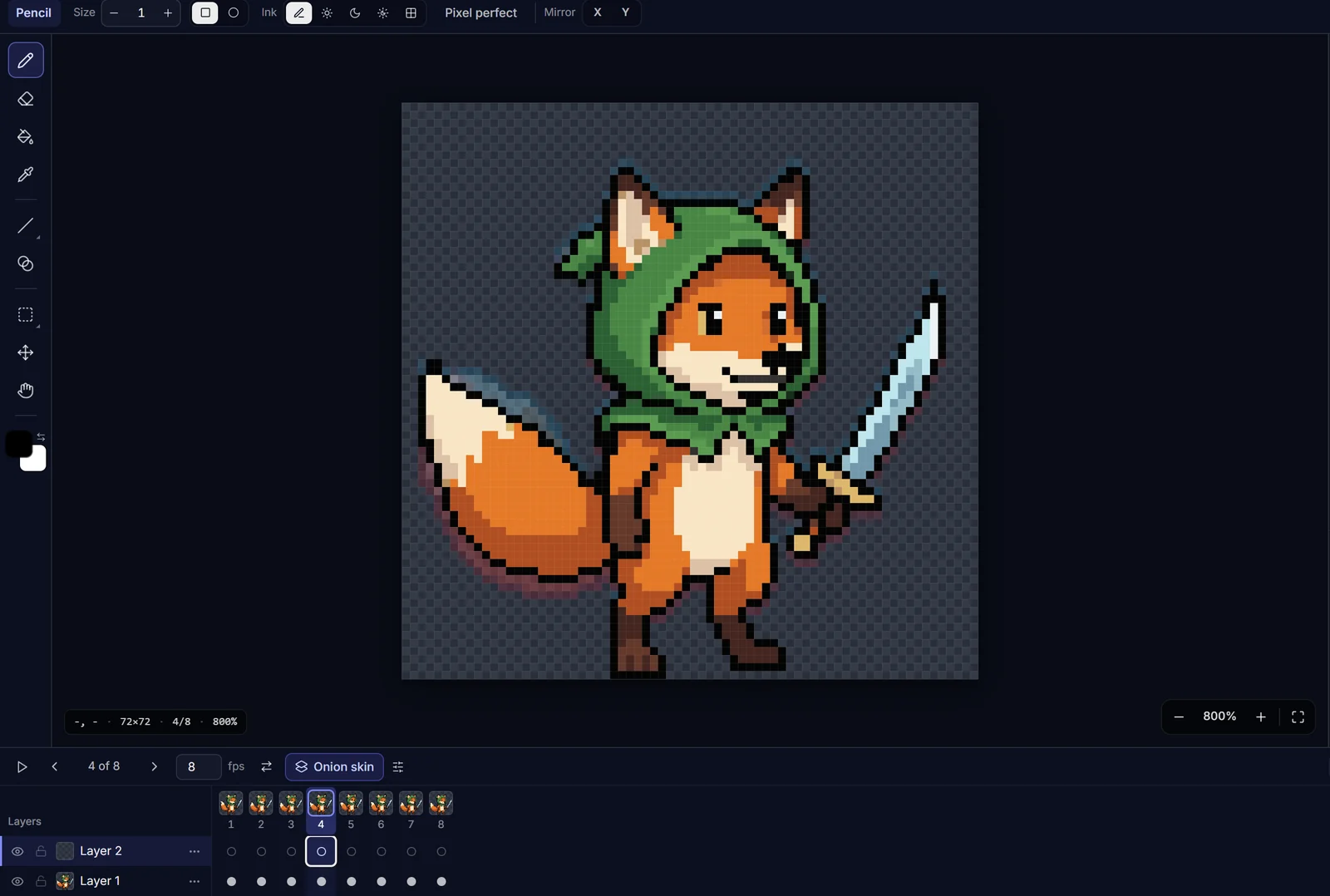 The timeline showing two layers across eight frames, with onion skin on around the fox's tail