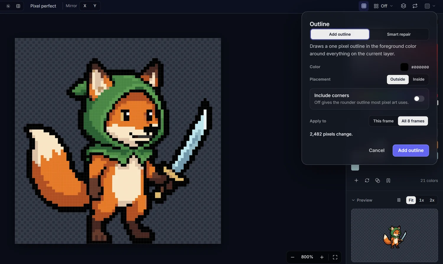 The Outline dialog adding a dark one pixel outline around the fox, with the change previewed on the canvas