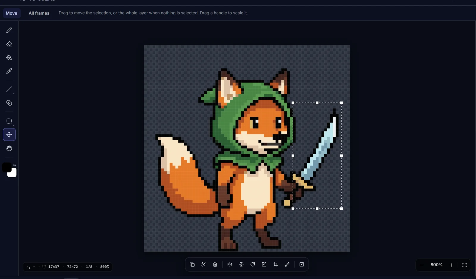 The fox's sword selected, with scale handles on the selection and the selection bar under the canvas