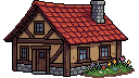 128 by 72 pixel art village house with a red roof and a small garden