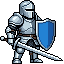 64 by 64 pixel art knight in silver armor with a blue shield and a sword