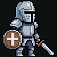 Tiny pixel art knight animated with Pixel Engine v1.1, shield staying down at his side