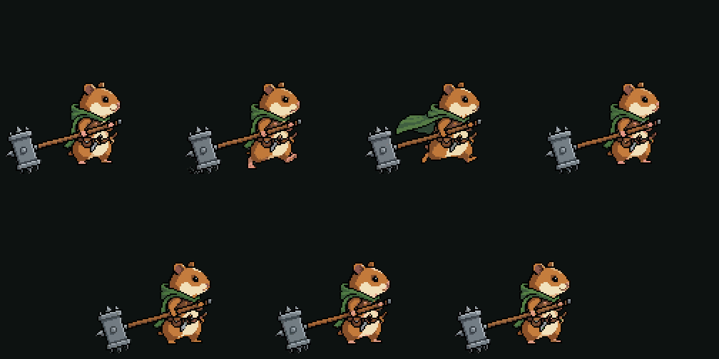 Seven pixel art animations of a hamster with a battle hammer playing at once: idle, walk, run, jump, swing hammer, drop hammer, draw knife