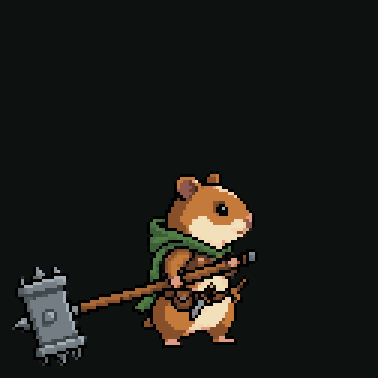 Pixel art hamster dropping a battle hammer on the ground