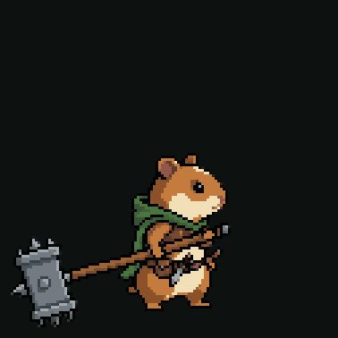 Pixel art hamster swinging a battle hammer in an arc