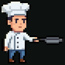 Tiny pixel art chef flipping a pancake, animated with Pixel Engine v1.1