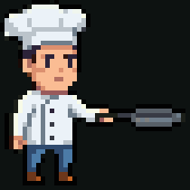 Tiny pixel art chef flipping a pancake, animated with Pixel Engine v1.5