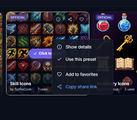 Right-click context menu on a preset card