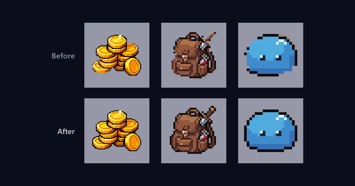 A pixel art coin stack, a backpack and a blue slime, each shown with a broken outline before and a complete outline after Smart outline repair