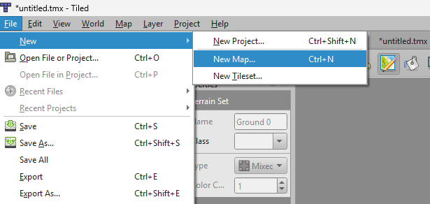 Creating a new map from the File menu in Tiled