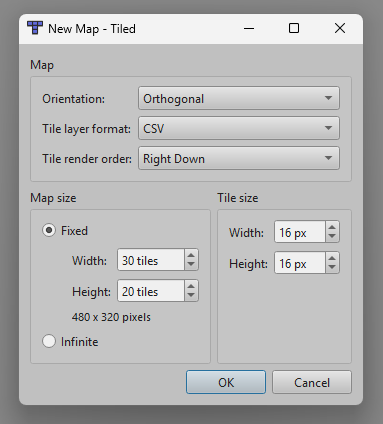The New Map dialog in Tiled with tile size set to 16 px
