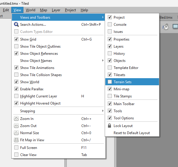 Enabling the Terrain Sets panel from the View menu in Tiled