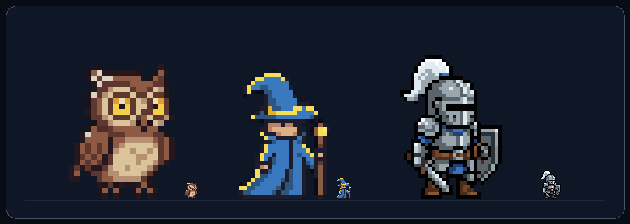 Tiny 16x16 pixel art animations shown at true size and 4x scale