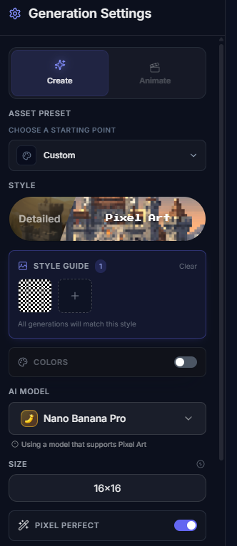 Create page sidebar with Nano Banana Pro, 16x16 size, and the checkerboard loaded as a style reference