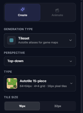 Tileset settings in the create view: generation type, perspective, type, and tile size
