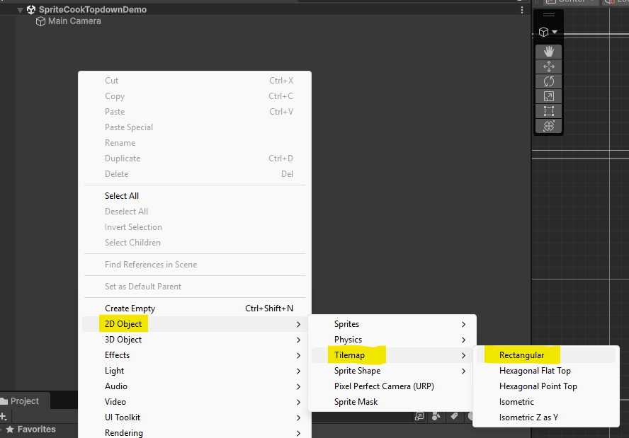 Creating a rectangular tilemap from the Hierarchy right-click menu in Unity