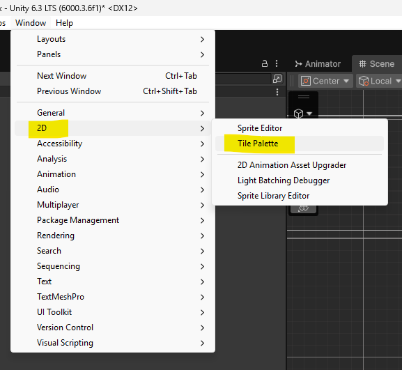 Opening the Tile Palette window from Window, 2D, Tile Palette in Unity