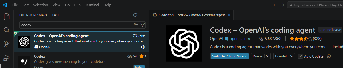 Installing the Codex plugin in VS Code