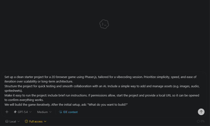 Pasting the setup prompt into Codex