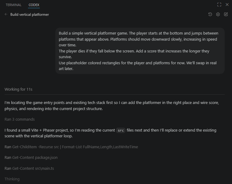 Sending the game design prompt to the agent