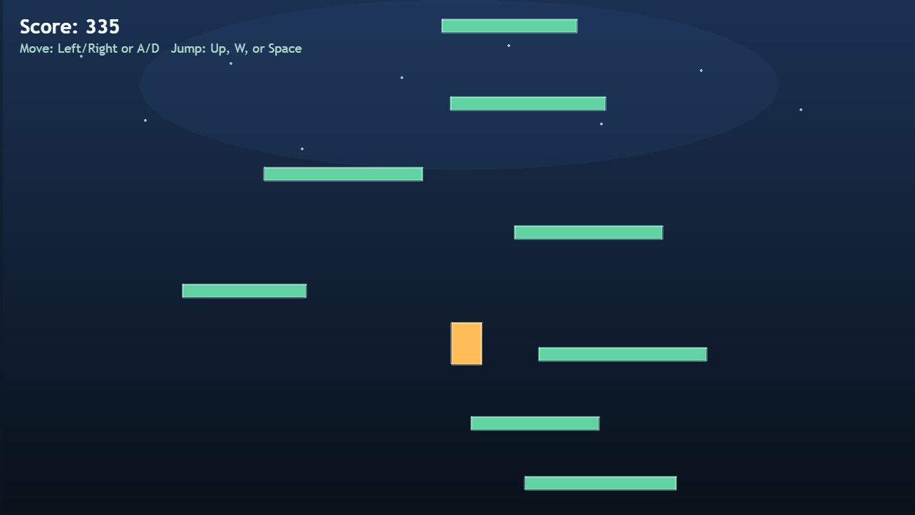 Playable vertical jumper game with placeholder colored shapes