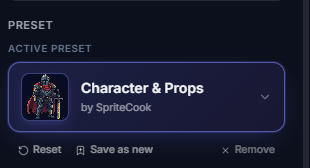 Sidebar with active preset and action row