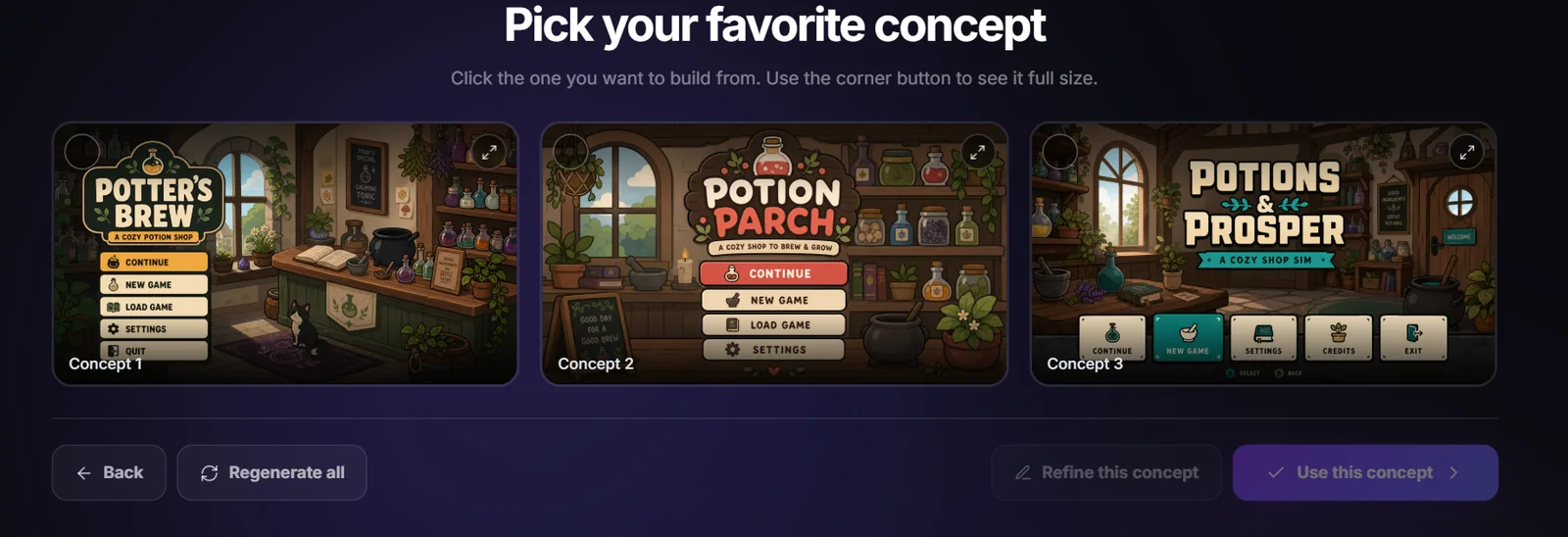 Generated UI concepts for a cozy potion shop game