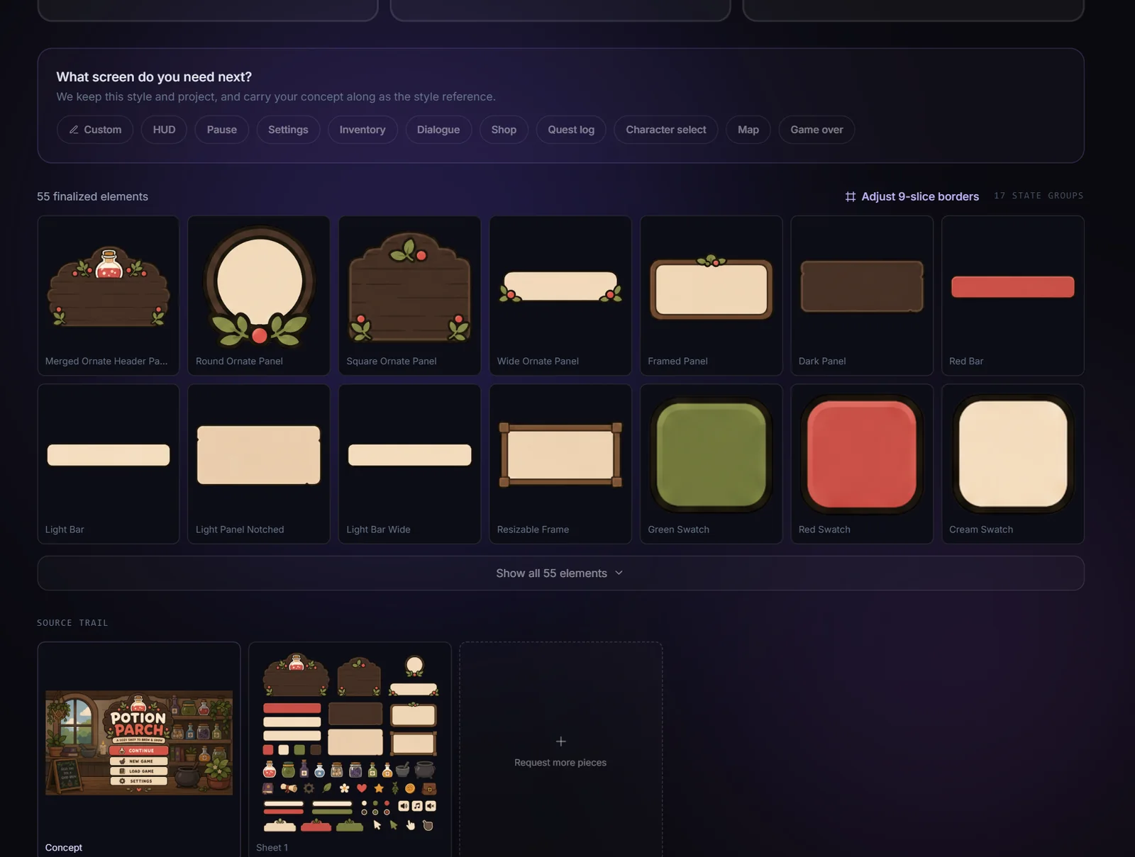 The finished kit screen with export formats, next screen suggestions, and the element grid