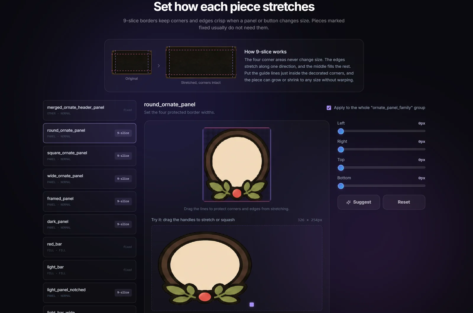 The 9-slice step with border sliders, a live stretch preview, and the component list