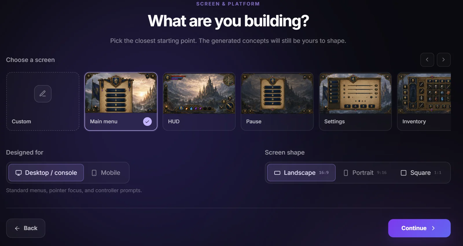 Screen type picker with platform and screen shape options