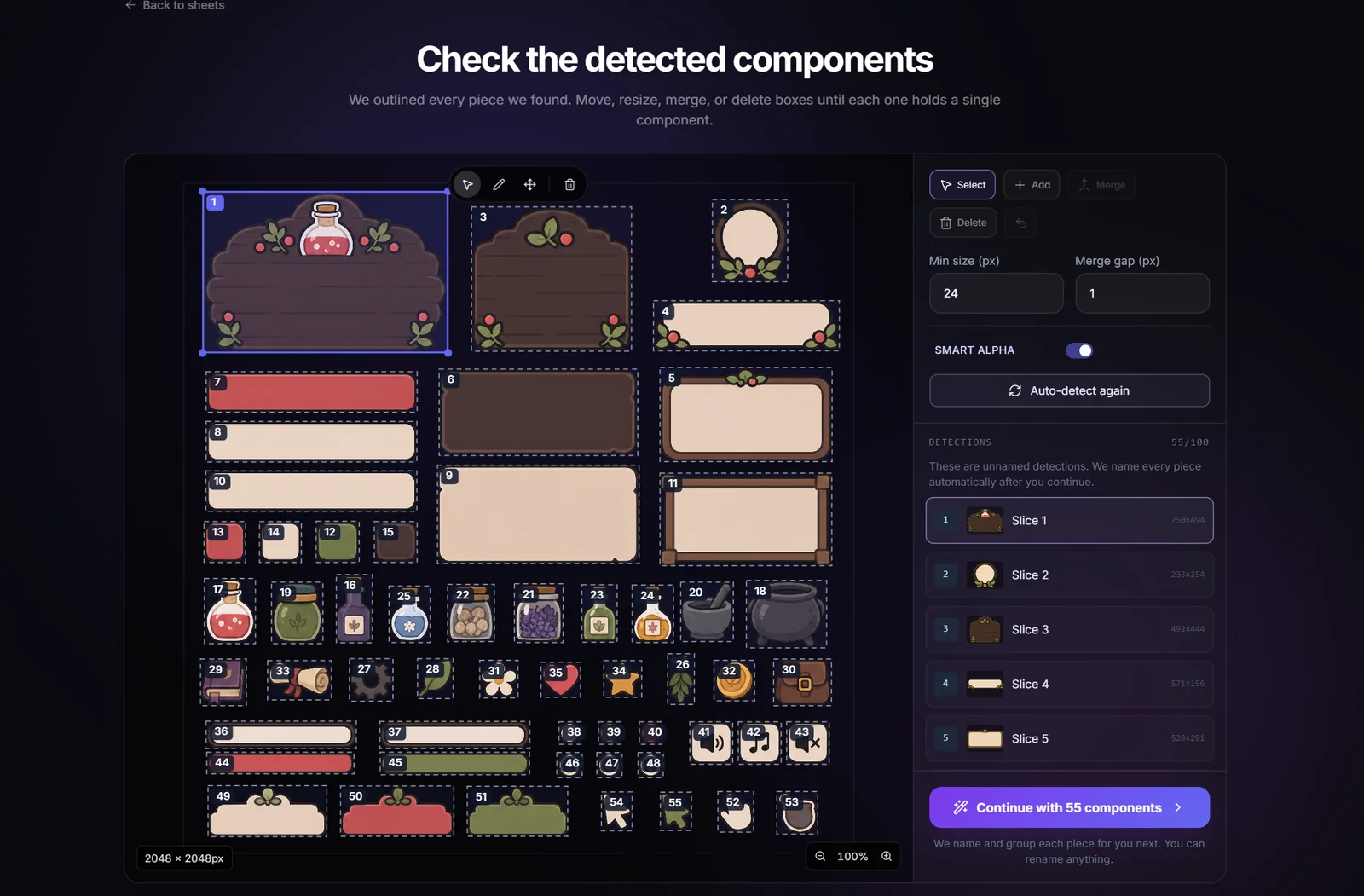 Slice review with automatically detected component boxes on the sheet and a detection list with thumbnails