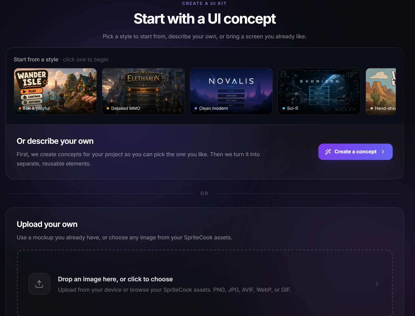 UI Kit Builder start screen with style examples, a describe-your-own option, and an upload area